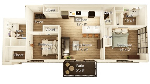 Floor plan for 2 beds, 2 baths, 968 sqft